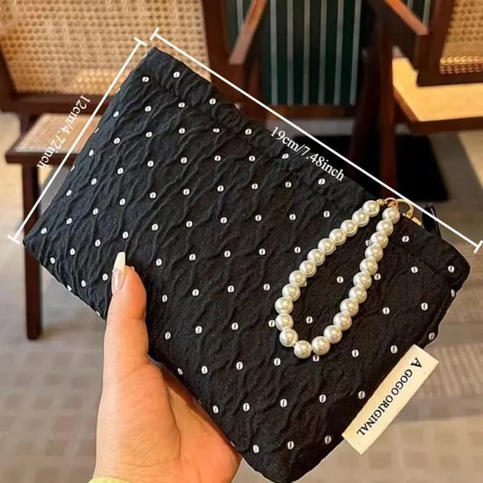 Trousse de maquillage à pois avec fermeture éclair en perles