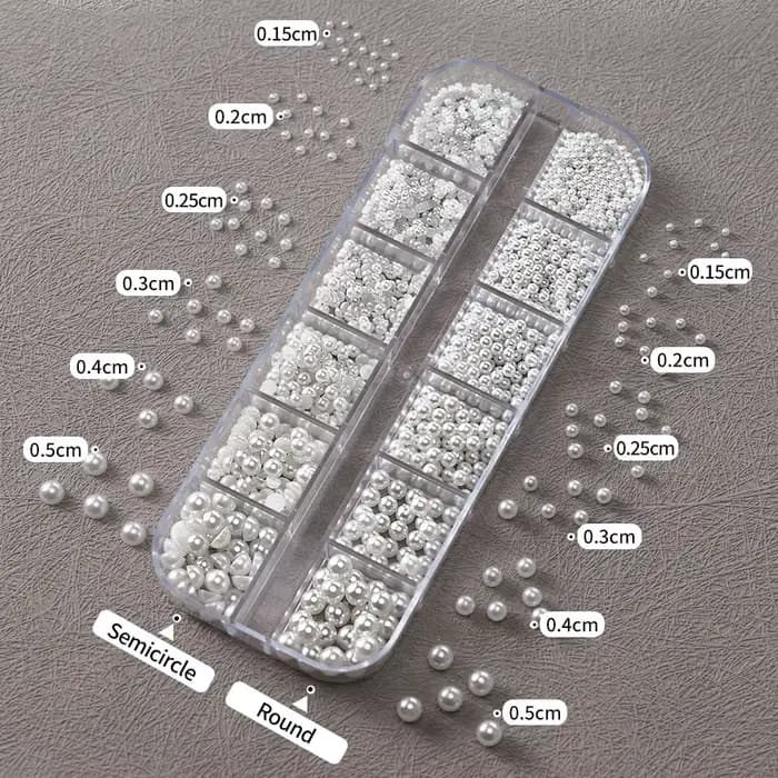 12 grilles 3D perles blanches mélangées breloques pour ongles 0.15-0.5mm perles rondes/demi-cercle N