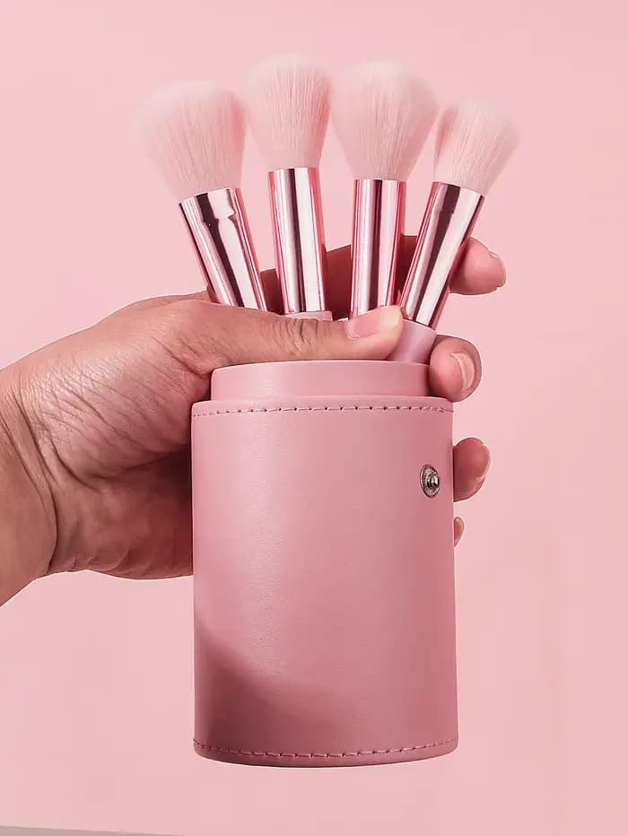 Ensemble de 15 pinceaux de maquillage roses avec baril de rangement