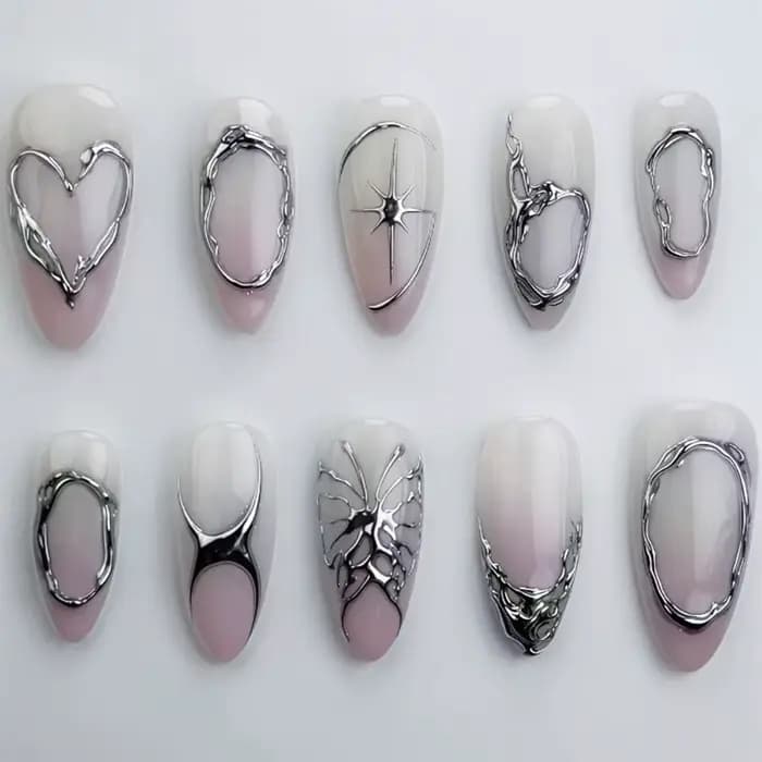 Faux ongles ovales mi-longs à pression en amande bleue, 24 pièces, avec perles 3D, pointes à motif d