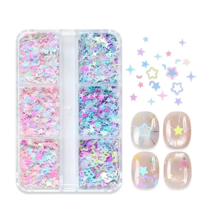 Accessoires pour nail art : étoiles irisées, lunes, paillettes sirène, flocons de paillettes, décora