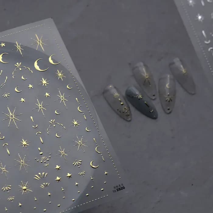 Autocollant 3D doré soleil/lune/étoile bronzant pour Nail Art, 8x10cm, Laser étoile lune, décalcoman