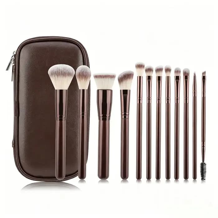 Ensemble de 12 pinceaux de maquillage marron avec sac à fermeture éclair en PU