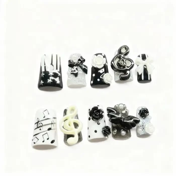 10 pièces à la main gothique presse sur ongles Punk foncé 3D Note de musique conception faux
