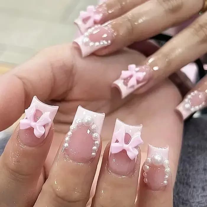 24 pièces presse sur ongles court amande nœud papillon noir presse sur ongles blanc perle douce poin