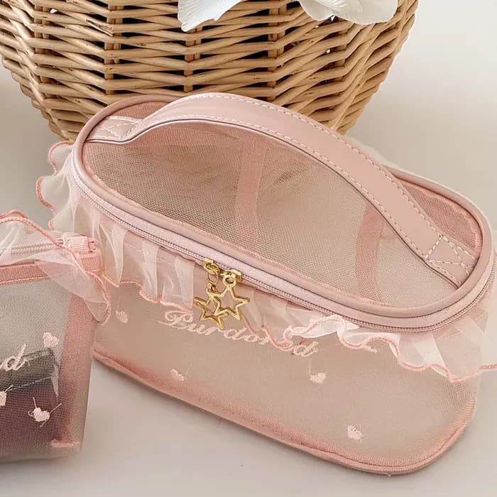Sac de maquillage portable imperméable en dentelle brodée rose style Y2K pour l'été et la plage