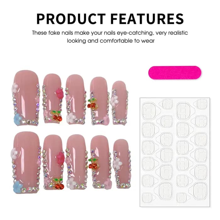 Faux ongles longs en forme de cercueil, faits à la main, couleur rose chair, à pression, motifs de f