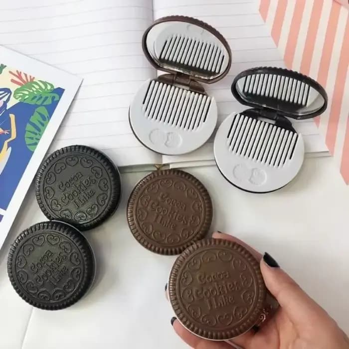 Miroir de maquillage rond pliant Biscuit au chocolat Ins Kawai miroirs de poche extérieurs femmes petit