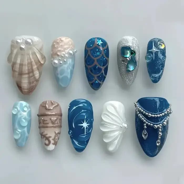 10 pièces à la main faux ongles Art océan coquillage Design bleu mi-long ovale