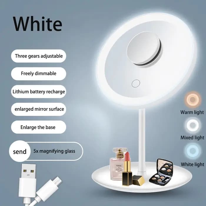 Miroir de maquillage LED Miroir de vanité USB détachable, 3 couleurs réglables avec 1 loupe 5X, rangement, Base rotative de bureau