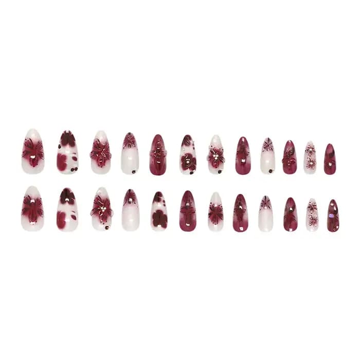 24 pièces fleur impression presse sur ongles vin rouge Blush amande faux ongles conseils portable ré