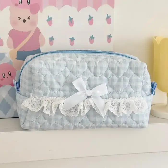 Trousse à crayons en dentelle à carreaux rose et bleu