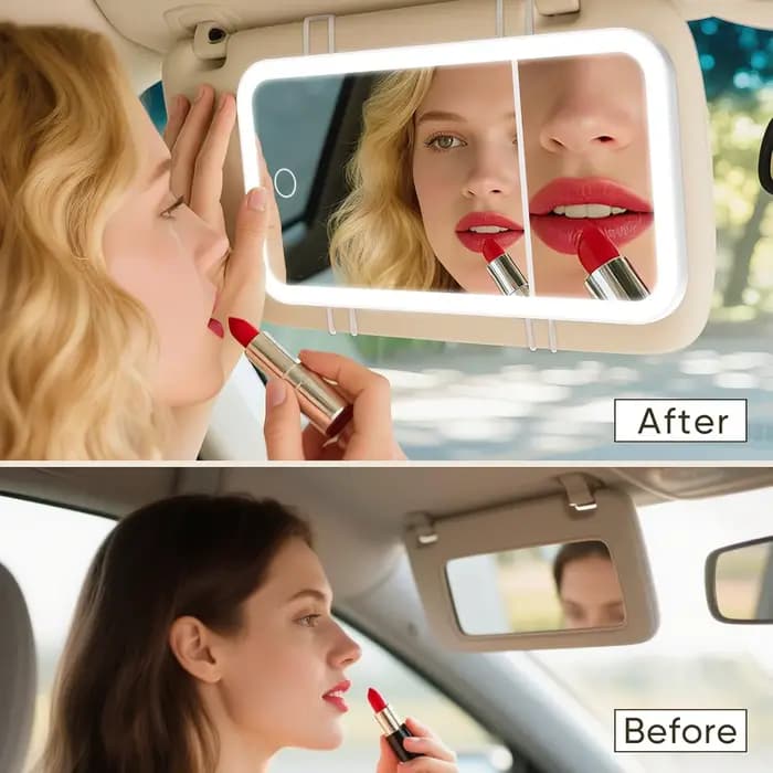 Miroir de maquillage de vanité de voiture avec lumières, miroir cosmétique LED à commande tactile à intensité variable avec grossissement 5X, 3 modes d'éclairage d'apparence