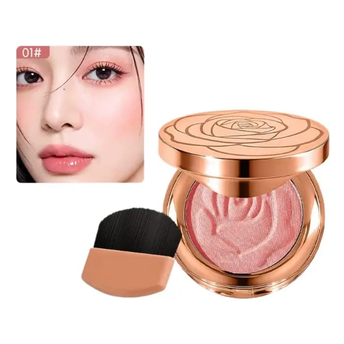 Palette de fard à joues et illuminateur rose doré, motif rose en relief, avec pinceau et miroir incl