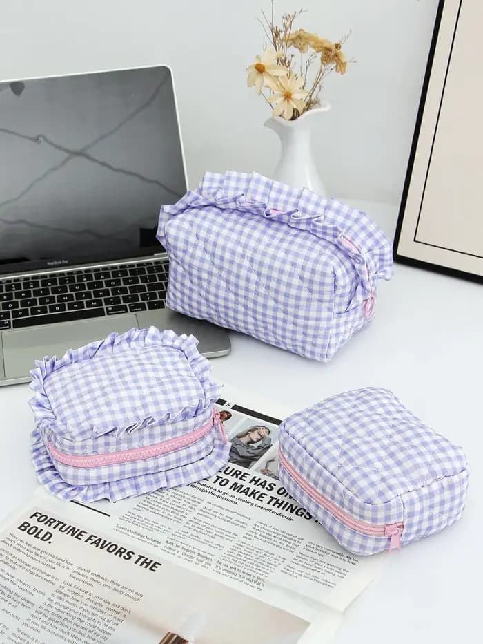 Trousse de maquillage matelassée à carreaux 1 pièce/ensemble
