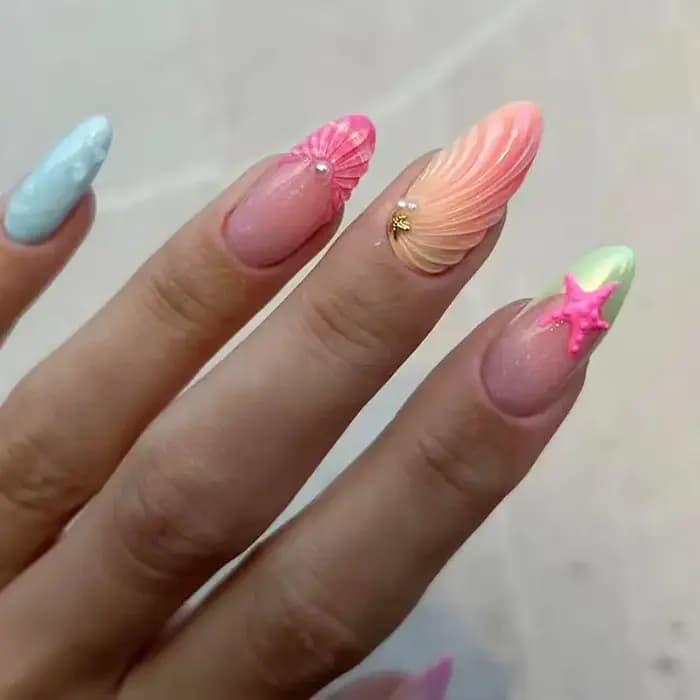 24 pièces amande faux ongles conseils été plage ongles colorés ensembles avec perle fleur conception