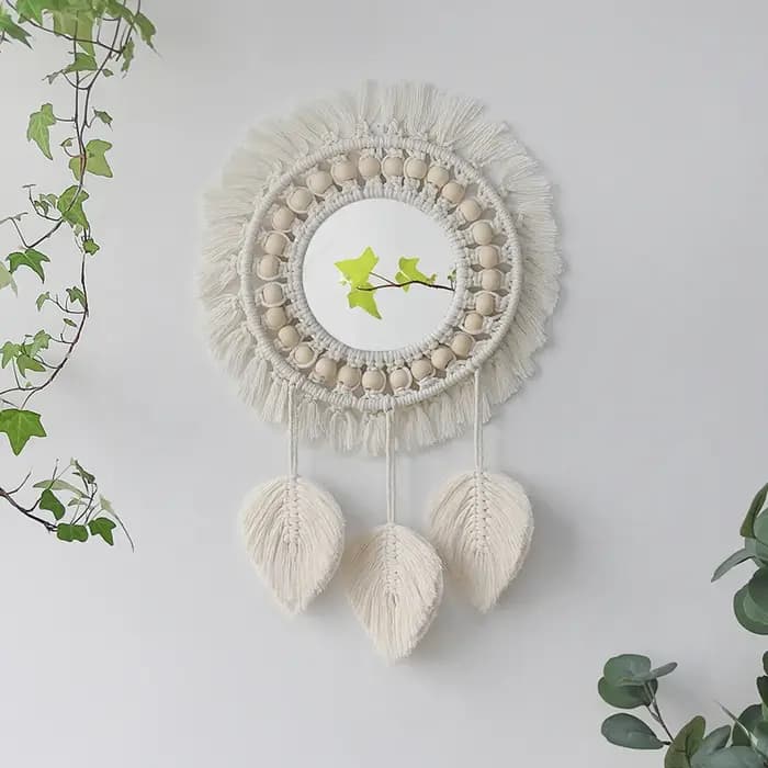 Miroir mural rond en macramé