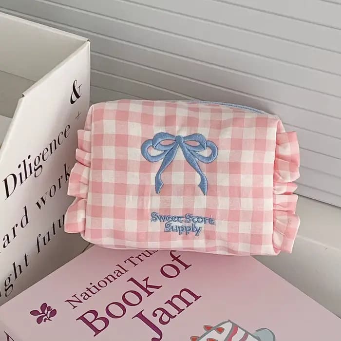 Kawaii sac cosmétique Plaid arc trousse de Maquillage mignon petit sac fille Style doux à volants