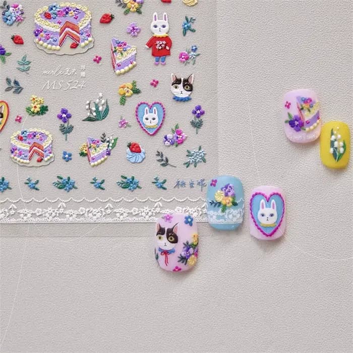 Autocollants 5D chat Kawaii pour Nail Art, 1 pièce, Relief, dessin animé japonais, gâteau rétro, ani