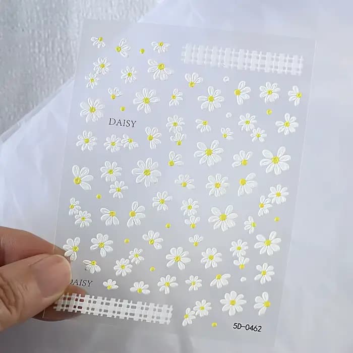 2 pièces 5D blanc marguerite Design Nail Art autocollants en relief marguerite fleur feuille verte N