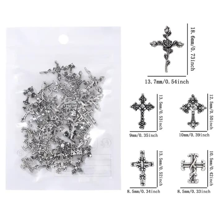 Décoration d'ongles en forme de croix de vent punk argenté antique
