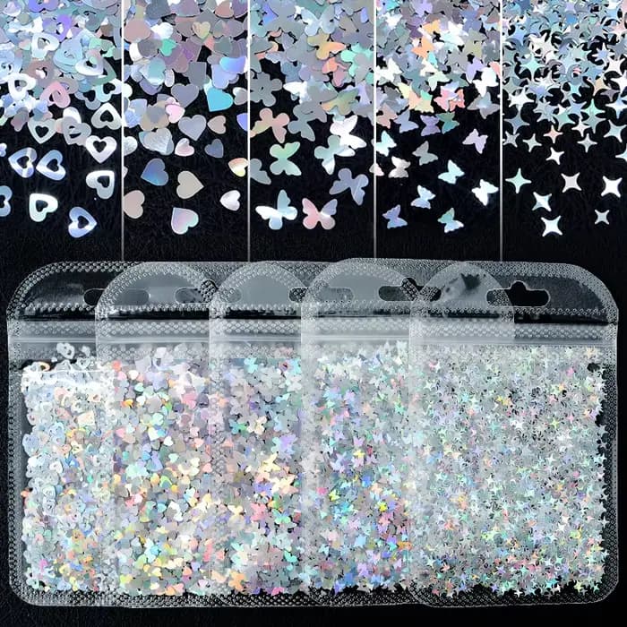 Paillettes holographiques Laser argentées pour Nail Art, flocons papillon amour coeur lettre paillet