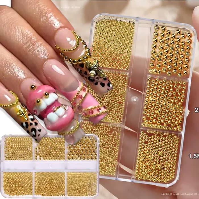 6 grilles 6 tailles de perles métalliques dorées, breloques pour Nail Art, perles de Caviar 3D pour
