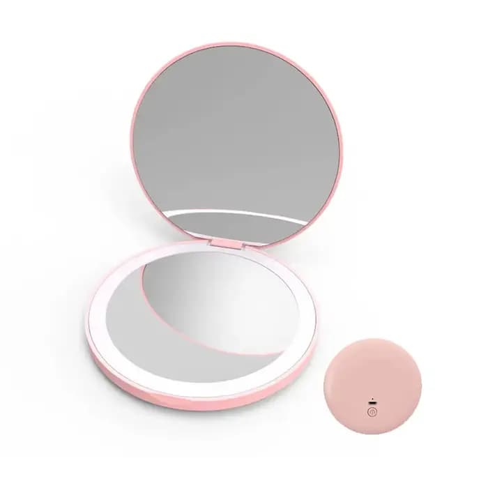 Miroir de maquillage de poche LED rond Portable pliant petit avec lumière voyage