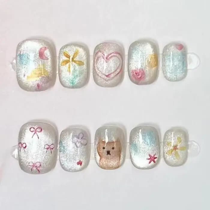 10 pièces mignon court rond à la main faux ongles paillettes coloré 3D doux Cool Art fini ongles pou