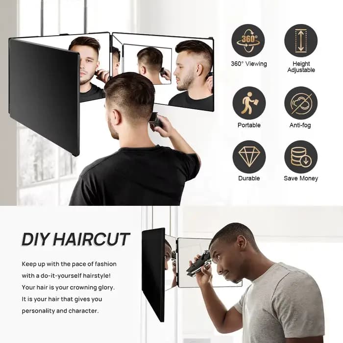 Miroir coiffure 3 voies pliable à 360° avec éclairage LED