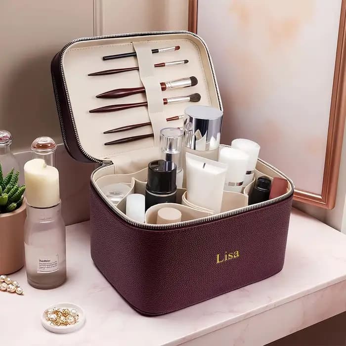 Trousse de maquillage professionnelle portable double couche avec nom personnalisé