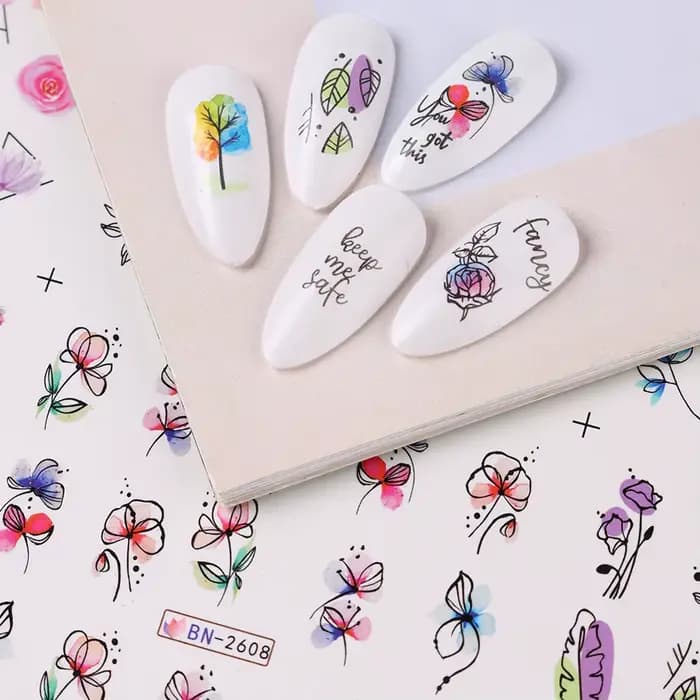 Autocollant de fleurs d'encre pour Nail Art, 12 pièces, décalcomanie d'eau d'été, fleurs en fleurs,
