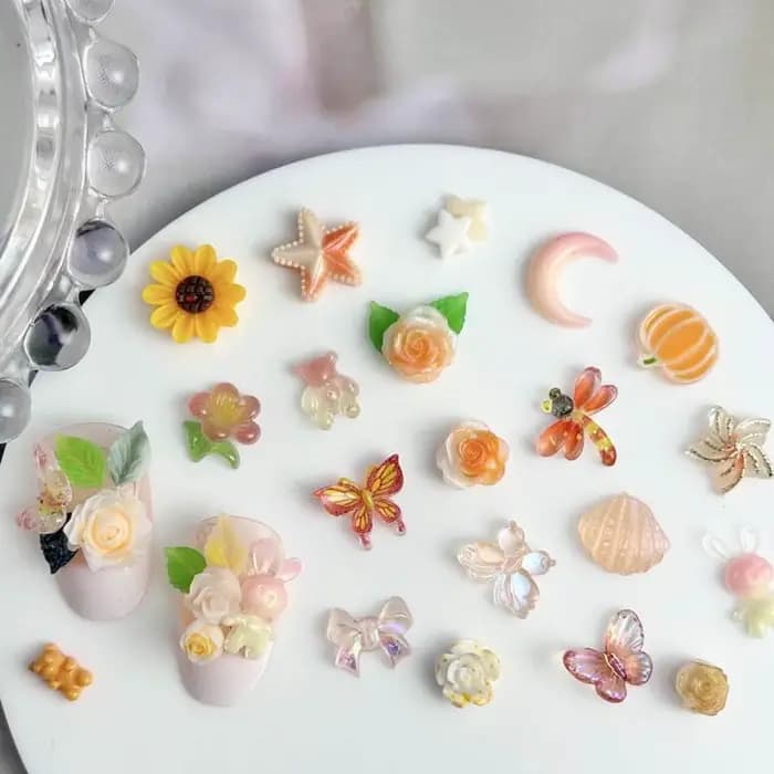 Breloques pour ongles, série Orange mixte aléatoire, fleur, papillon, résine 3D, tournesol, ours, nœ