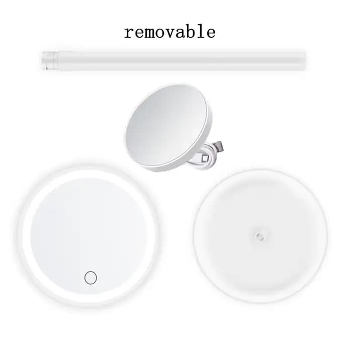 Miroir de maquillage LED Miroir de vanité USB détachable, 3 couleurs réglables avec 1 loupe 5X, rangement, Base rotative de bureau