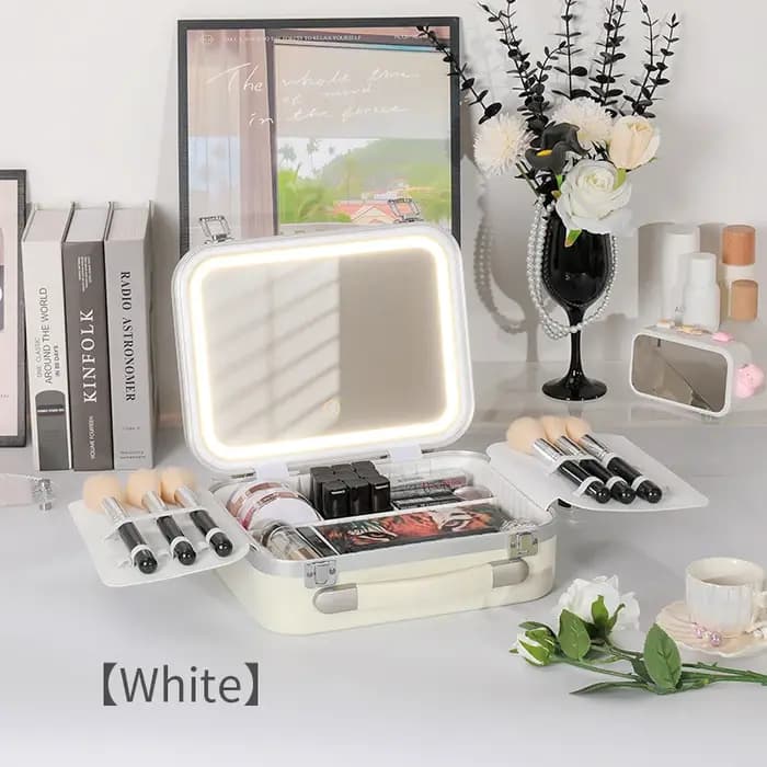 Boîte de rangement de maquillage portable avec lumière LED et miroir – Étui de train cosmétique adapté aux voyages