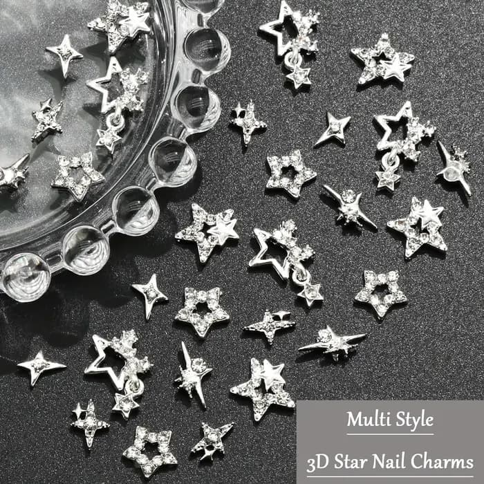 Breloques pour ongles en forme d'étoile argentée, 30 pièces, étoiles 3D brillantes, gemmes pour ongl