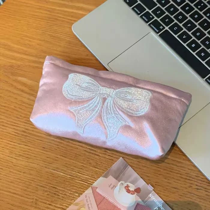 【Trousse de toilette】Trousse de maquillage rose nacré avec nœud papillon, style fermeture éclair en