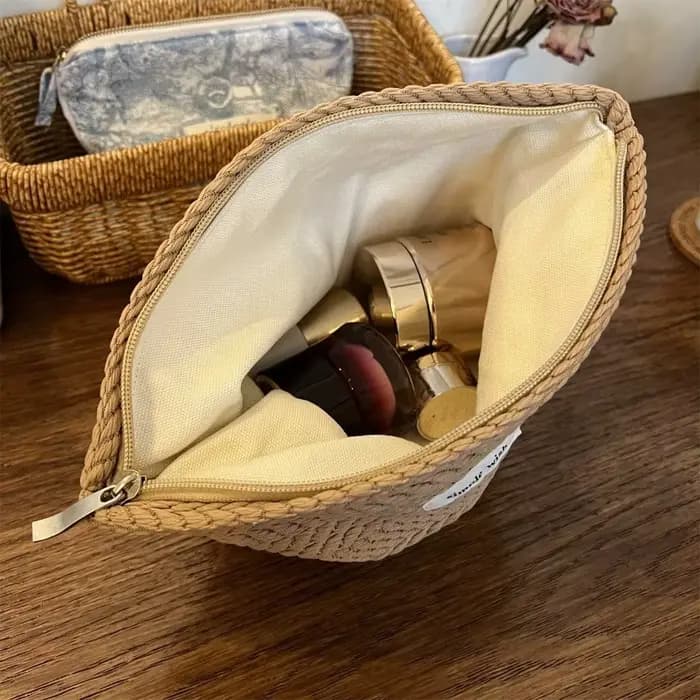 Trousse de maquillage en tissu tissé pour femmes, couleur unie, pochette à cosmétiques de grande capacité, petit organisateur, trousse de beauté à fermeture éclair pour l'extérieur