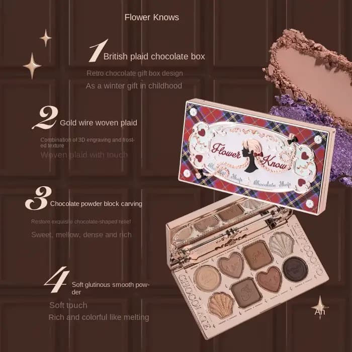 Flower Knows Chocolate Shop Palette de fards à paupières hautement pigmentée Shimmer Mat Glitter Omb