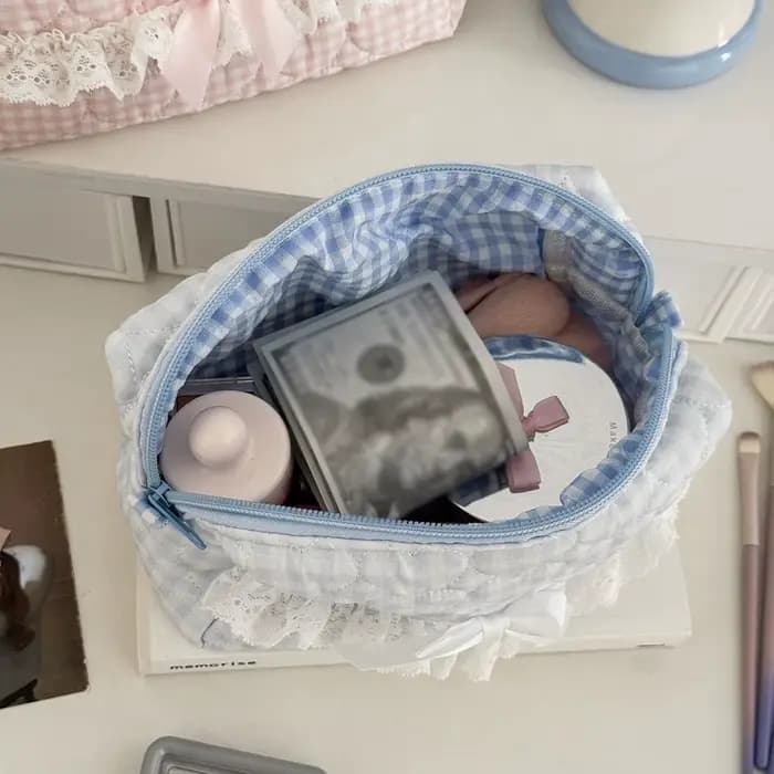 Trousse à crayons en dentelle à carreaux rose et bleu