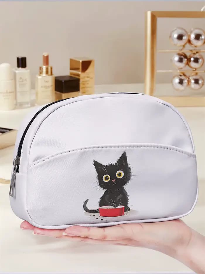 Trousse de maquillage imprimée à motif de chat mignon, trousse de toilette portable multi-poches, lé