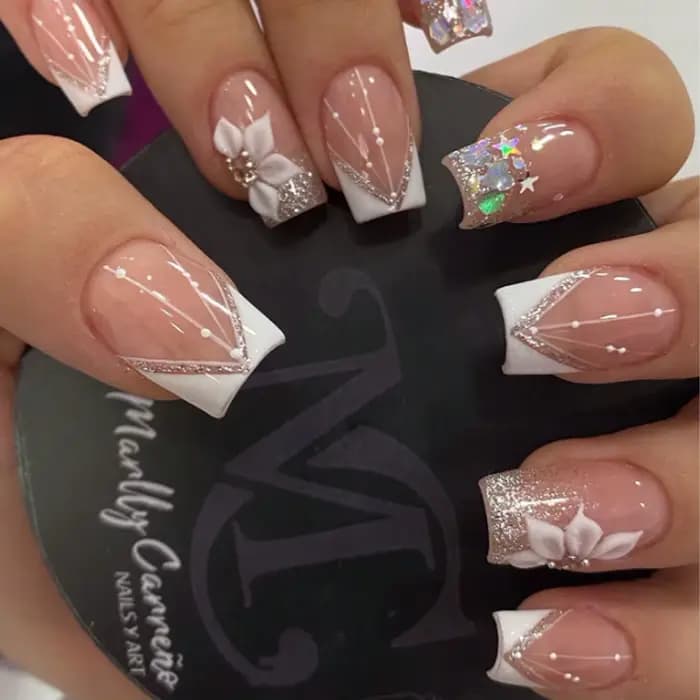 24 pièces français flash bordure blanche fleur de cerisier strass faux ongles ensemble d'ongles blan