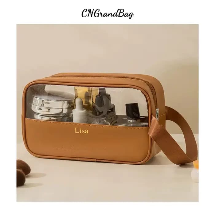 Nom personnalisable nouveau sac de lavage de maquillage Transparent en TPU sac de rangement en PU étanche de grande
