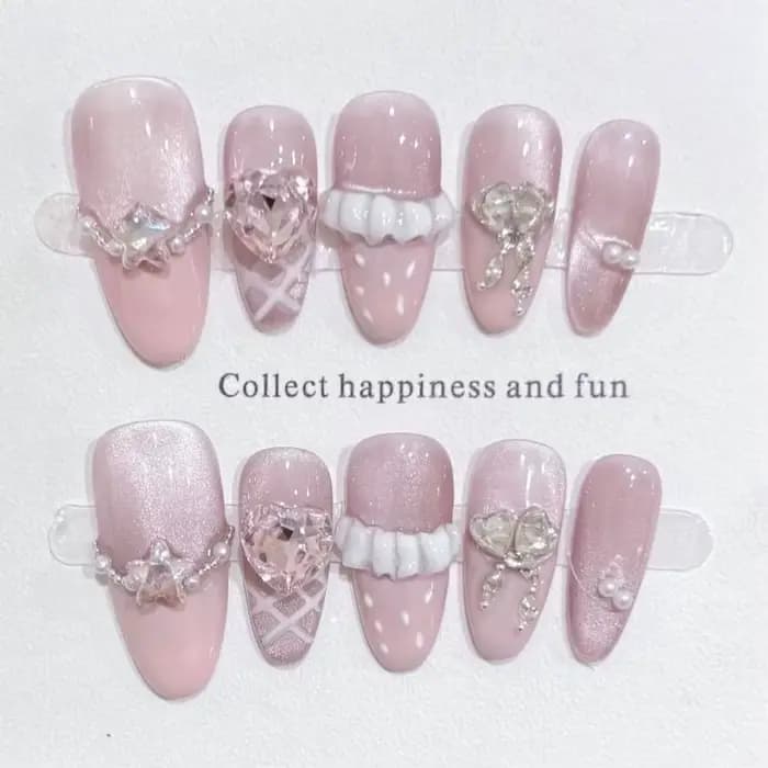 10 pièces mignon fait à la main presse sur les ongles couverture complète rose doux ongles avec stra