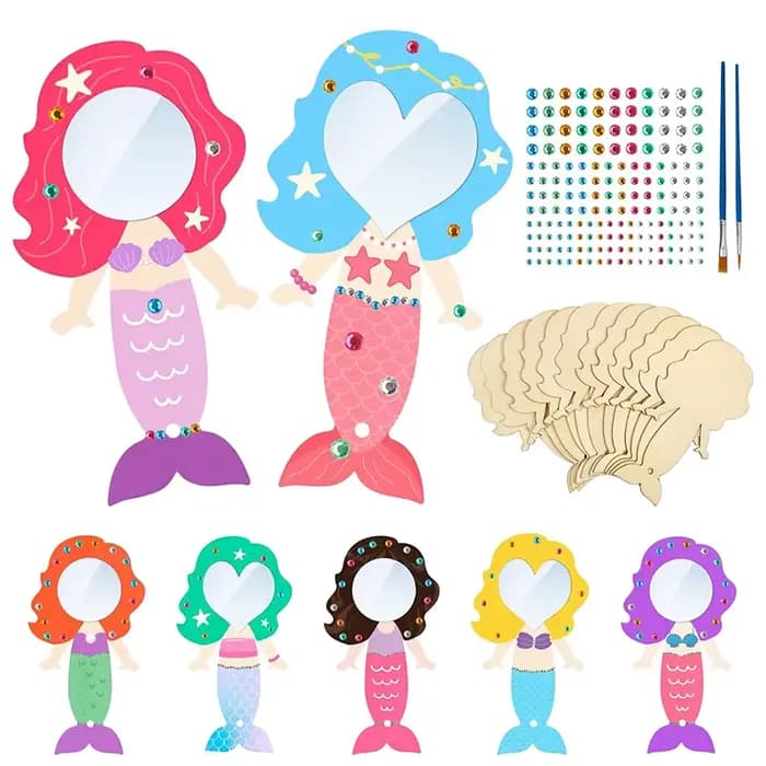 Miroir sirène rond en bois fait à la main pour enfants