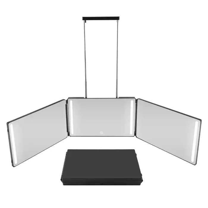Miroir de coiffure pliable à trois volets avec crochet réglable, miroir de maquillage LED portable pour la coupe de cheveux, le rasage et le coiffage