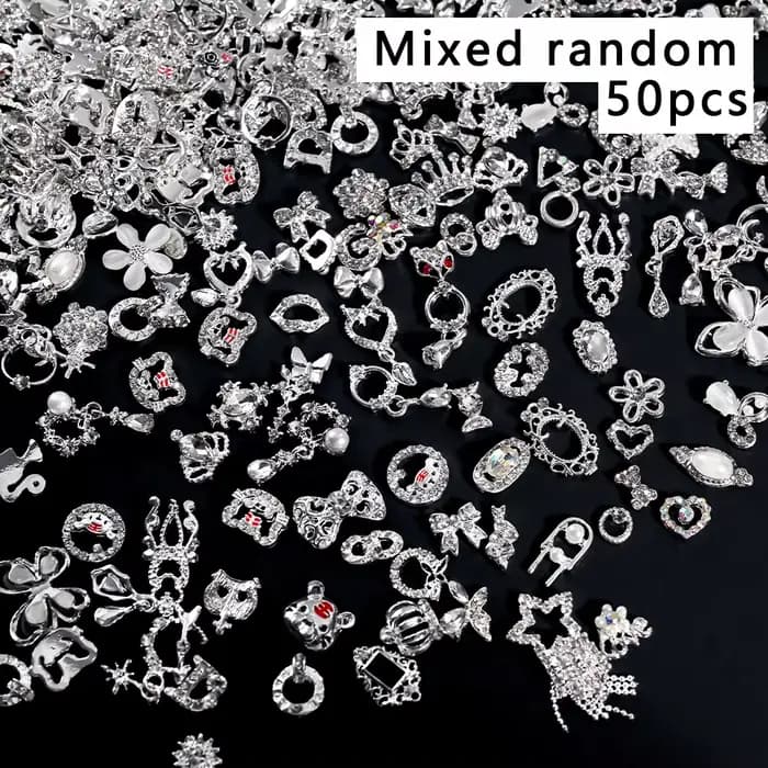 Breloques pour ongles en métal, nœud papillon/couronne en argent 3D, avec pendentif pompon, papillon