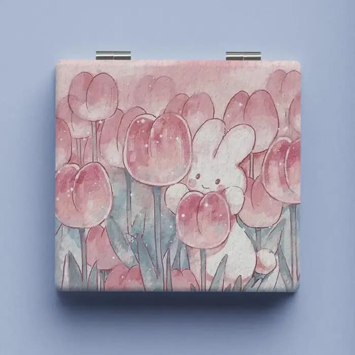 Miroir de maquillage pliant carré à motif rose