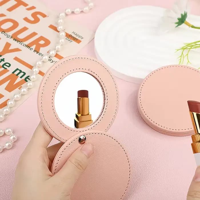 Mini miroir Compact Portable incassable en acier inoxydable avec manchon en cuir PU pour sac à main