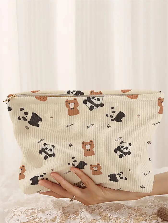 1 trousse de maquillage en velours côtelé à motifs panda